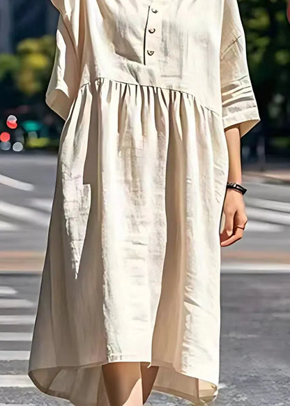 Beige V Neck Wrinkled Patchwork Linen Dresses Summer