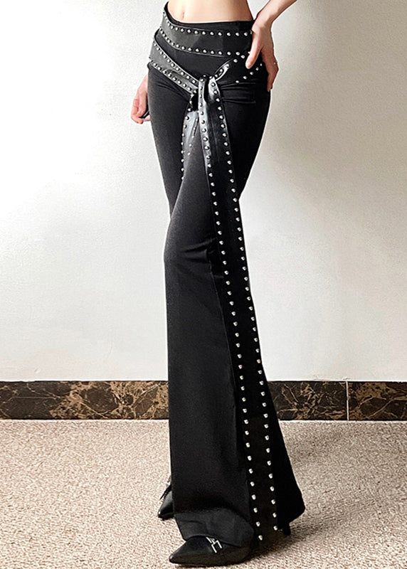 Stylish Black Asymmetrical Rivet Sashes Flared Pants Summer