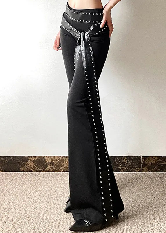 Stylish Black Asymmetrical Rivet Sashes Flared Pants Summer