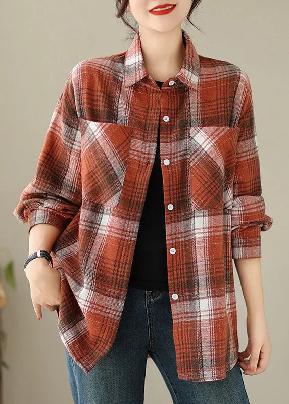Orange Peter Pan Collar Pockets Plaid Cotton Coat Fall
