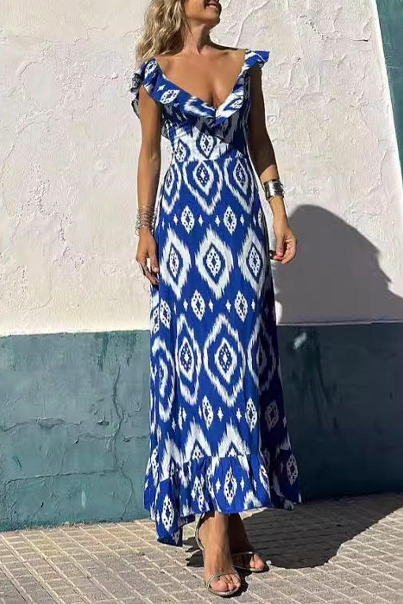 Geometric Print Flounce V Neck a Line Dresses