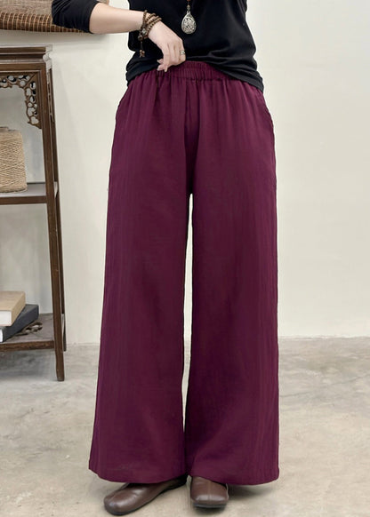Purple Elastic Waist Pockets Linen Pants Summer