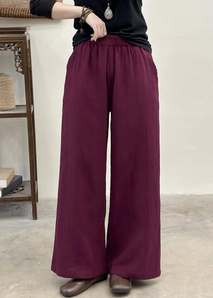 Purple Elastic Waist Pockets Linen Pants Summer