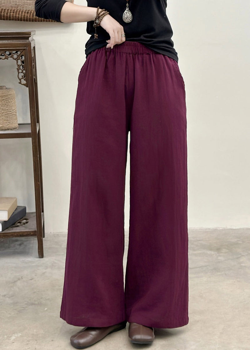 Purple Elastic Waist Pockets Linen Pants Summer