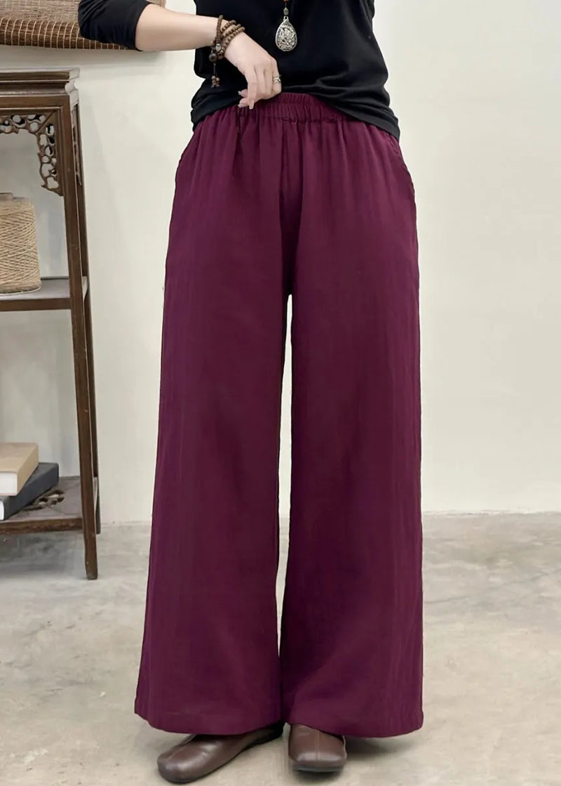 Purple Elastic Waist Pockets Linen Pants Summer