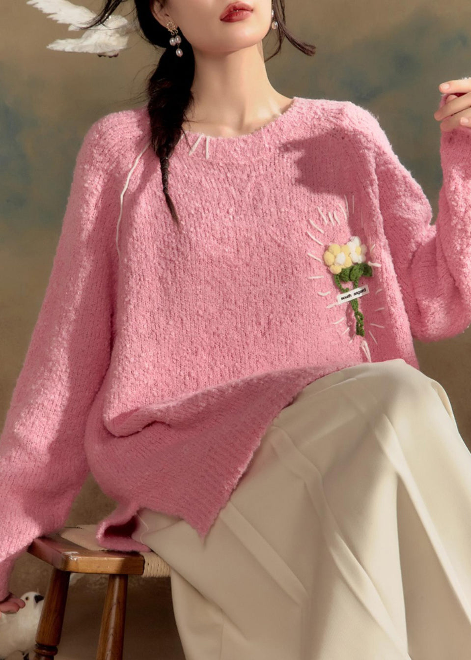 Pink O-neck Cotton Knit Sweaters Winter