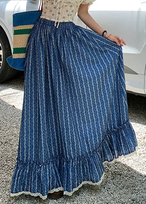 Blue Ruffled Print Elastic Waist Cotton Maxi Skirts Summer
