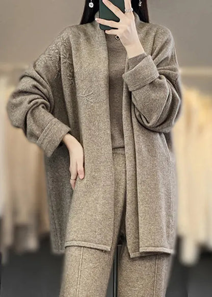 Camel Embroideried Patchwork Cozy Cashmere Cardigan Fall
