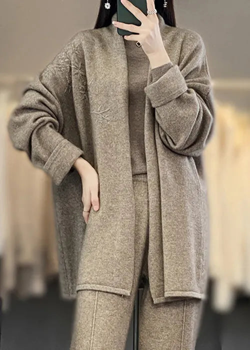 Camel Embroideried Patchwork Cozy Cashmere Cardigan Fall