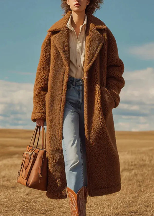 French Brown Peter Pan Collar Pockets Faux Fur Long Coats Winter