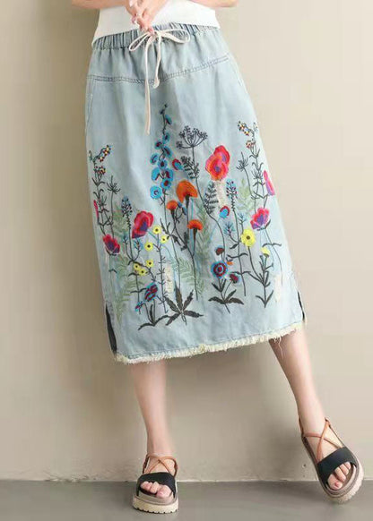 Light Blue Embroidered Pockets A-line Summer Denim Skirts