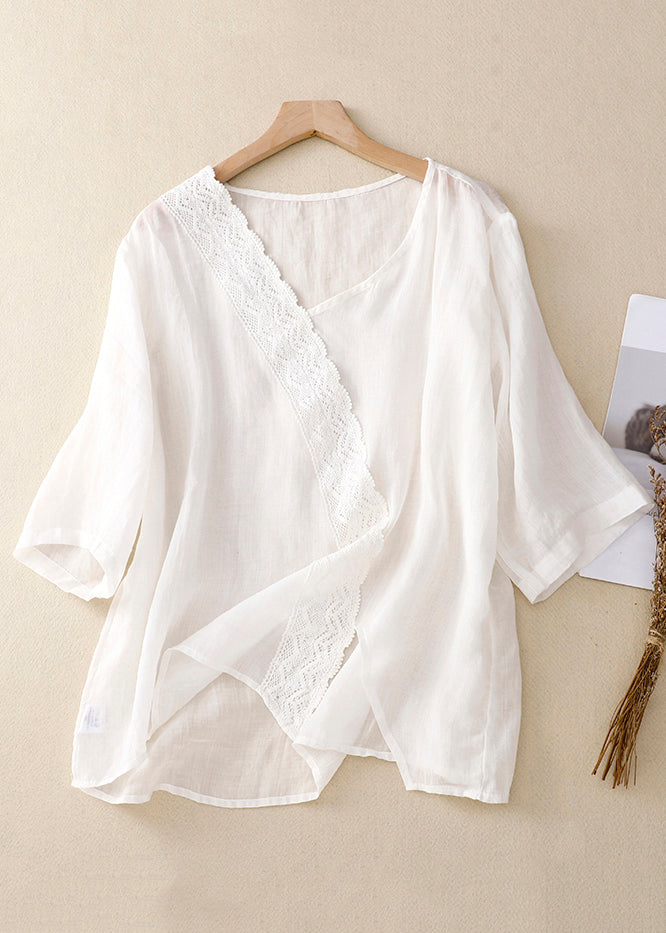 Yellow V Neck Lace Linen Top Half Sleeve
