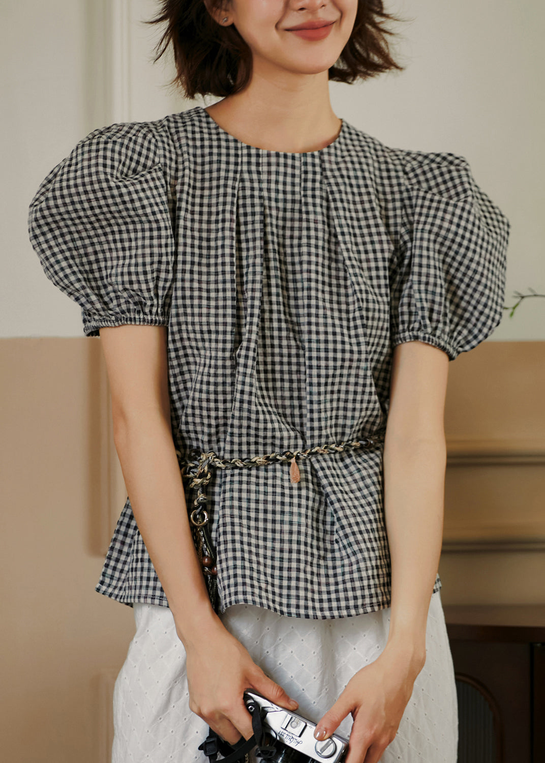 French O-neck Wrinkled Puff Sleeve Plaid Cotton Top