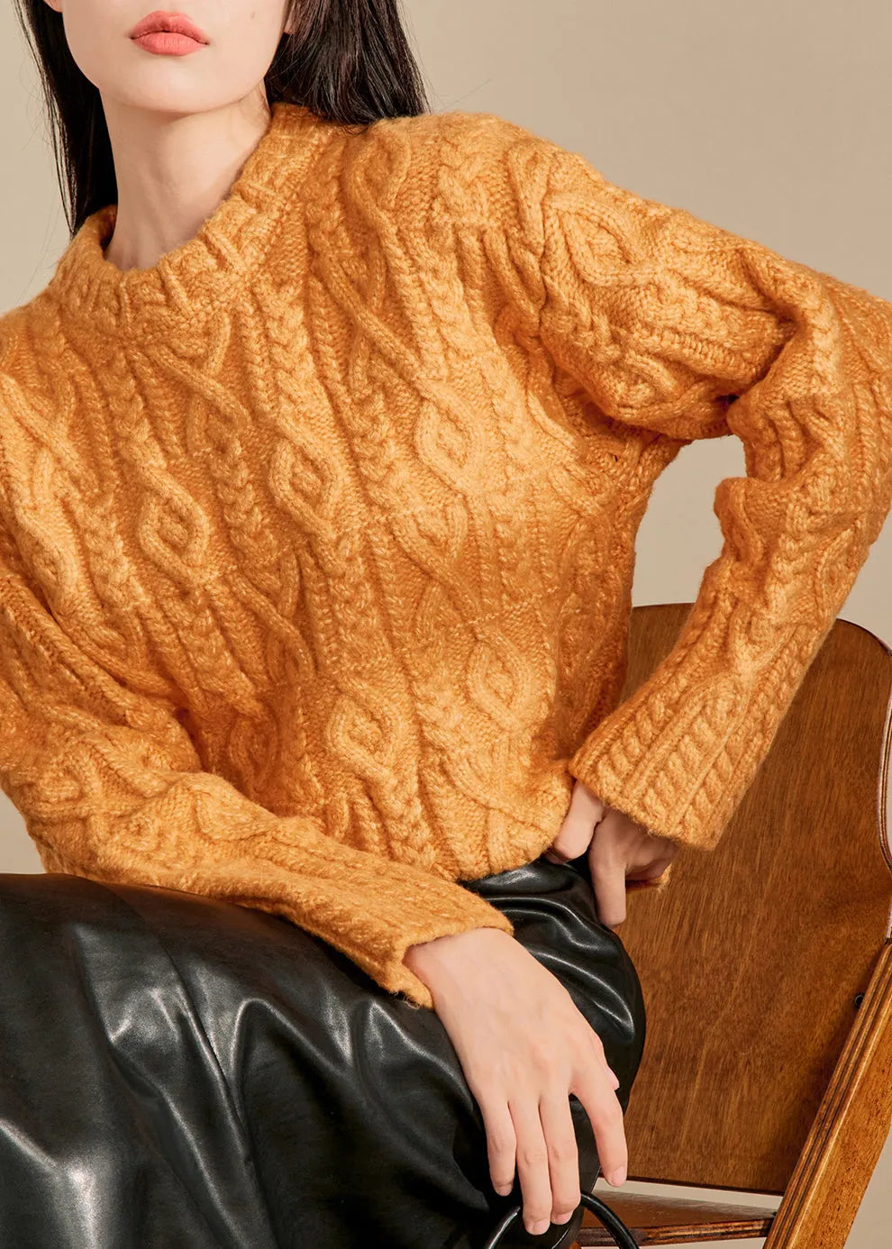 Natural Orange O-neck Cable Thick Cotton Knit Sweaters Winter