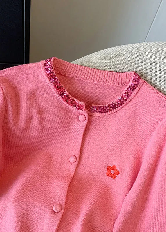 Pink Embroidered Sequins Cotton Knit Cardigans Fall