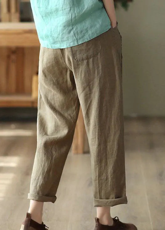 Brown Pockets High Waist Linen Pants Summer
