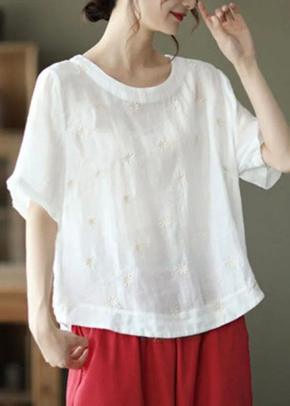 Unique White O-neck Embroidered Summer Ramie Shirt Half Sleeve