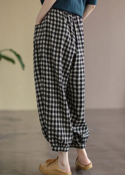 Black Plaid Pockets Linen High Waist Crop Pants Summer