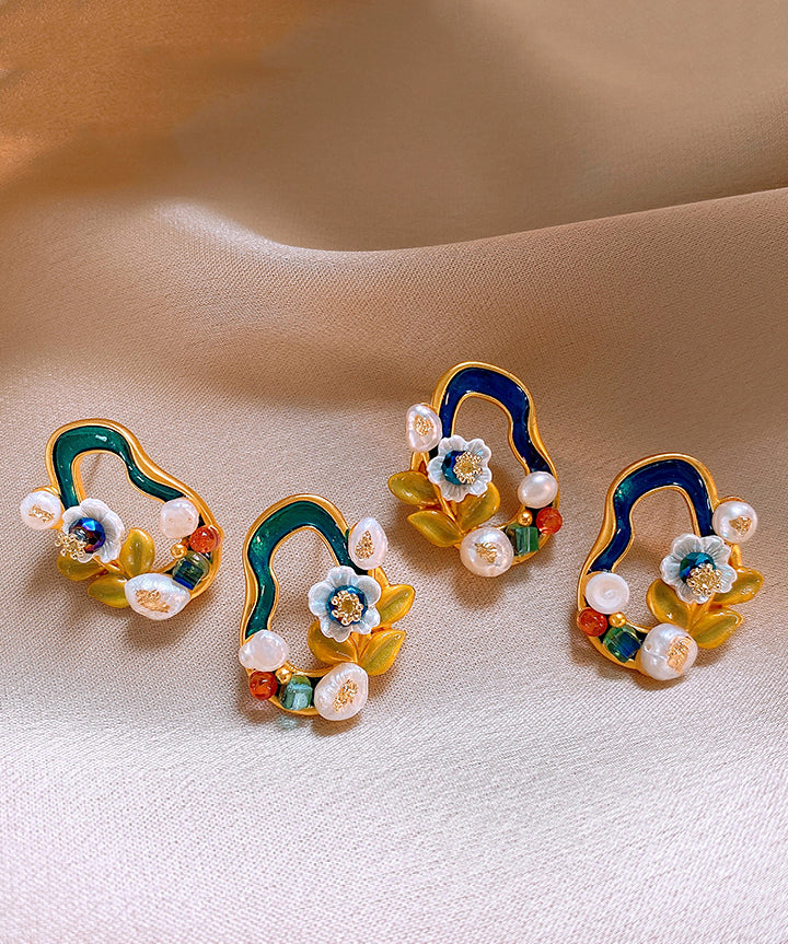 Stylish Blackish Green Copper Overgild Pearl Stud Earrings