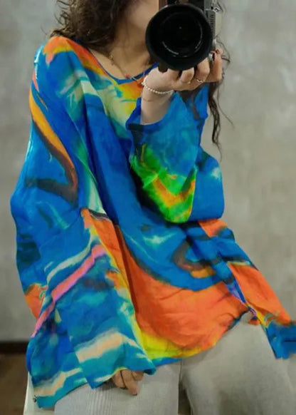 Blue O-neck Print Cotton T Shirt Long Sleeve