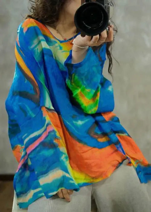Blue O-neck Print Cotton T Shirt Long Sleeve