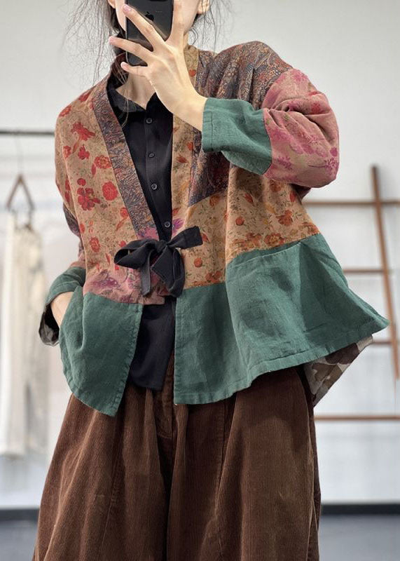 Green Tie Waist Patchwork Print Linen Cardigan Fall