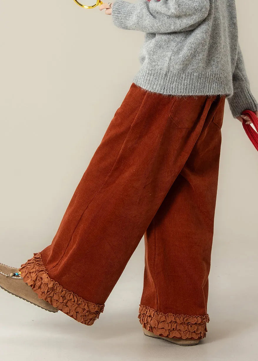 Brick Red Ruffled Oversized Corduroy Straight Pants Spring