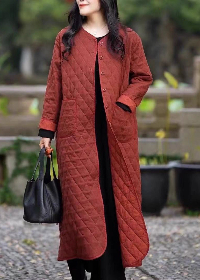 Red O Neck Pockets Fine Cotton Filled Coat in Winter