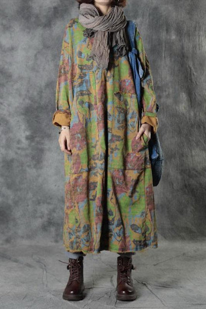 Loose Retro Print Button Big Pocket Dress