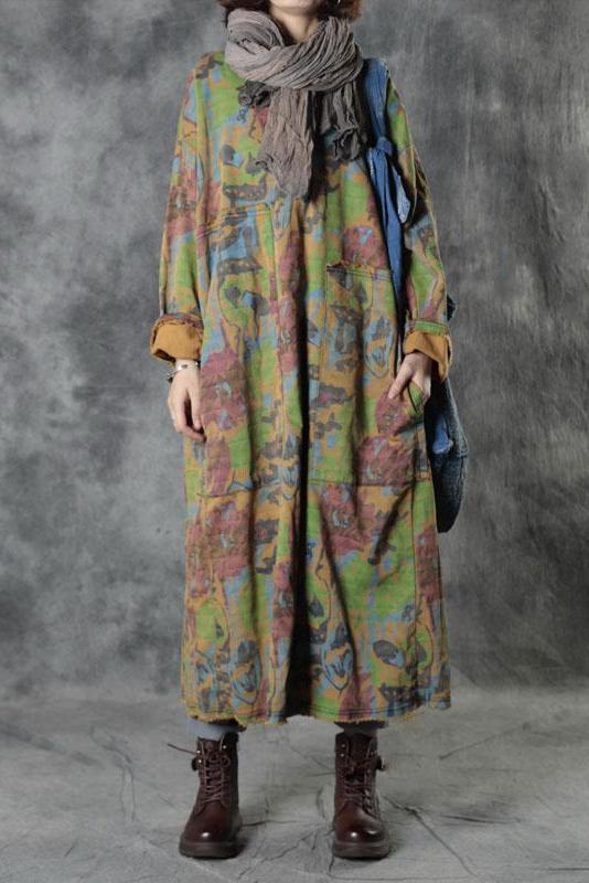Loose Retro Print Button Big Pocket Dress