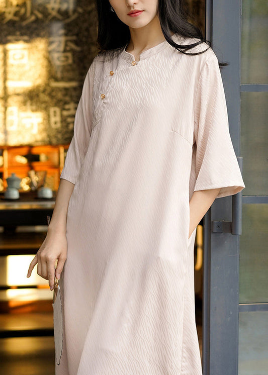 Boutique Beige Stand Collar Cotton Long Dresses Bracelet Sleeve