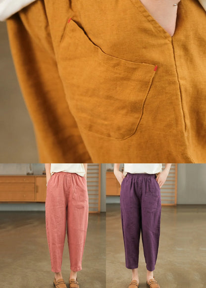 Loose Pink Pockets Linen Crop Pants Summer