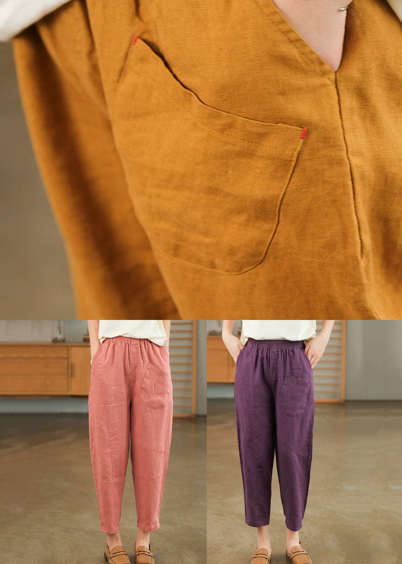 Loose Pink Pockets Linen Crop Pants Summer