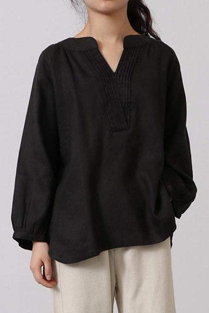 Cotton Linen V Neck Shirt Tops