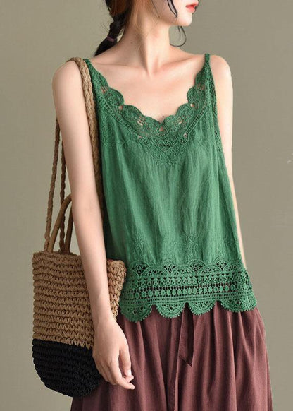 Pink Embroidered Lace Hollow Out Summer Cotton Vest Sleeveless