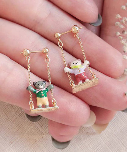 Gold Sterling Silver Overgild Asymmetric Teddy Bear Swinging on a Swing Drop Earrings