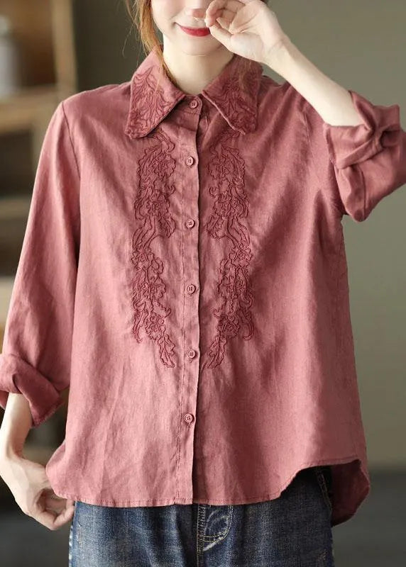 French Orange Retro Peter Pan Collar Button Fall Linen Shirt Tops Long Sleeve