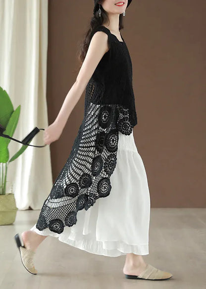 Black Asymmetrical Hollow Out Low High Design Cotton Top Summer