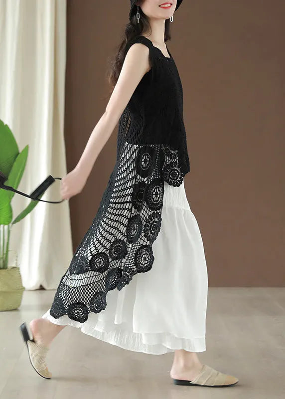Black Asymmetrical Hollow Out Low High Design Cotton Top Summer