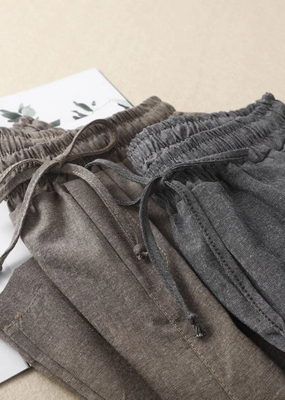 Khaki Elastic Waist Linen Pants Spring