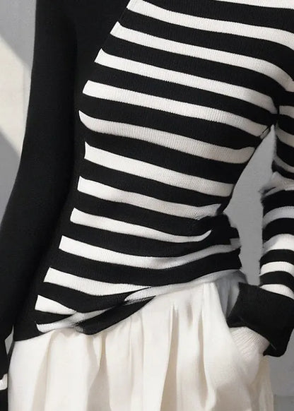 Colorblock Hign Neck Striped Knit Sweaters Spring