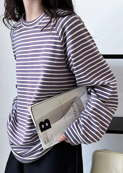 Original Design Blue O Neck Striped Cotton T Shirt Spring