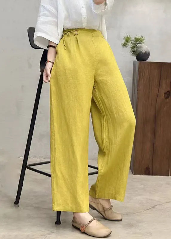 Fitted Yellow Side Tie Waist Linen Straight Pants Summer
