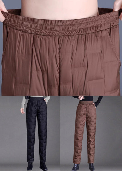 Brown Pockets Elastic Waist Duck Down Filled Pants Winter