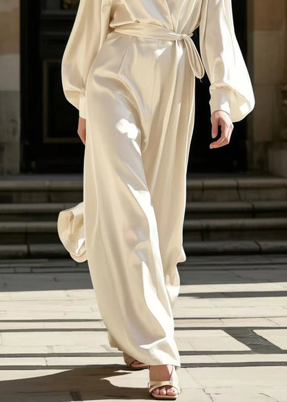 Milk White Notched Tie Waist Silk Overalls Jumpsuit Spring