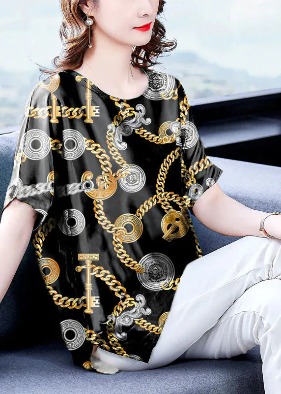 Yellow V Neck Original Design Print Side Open Silk Top Short Sleeve