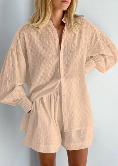 Stylish White Peter Pan Collar Striped Shirts and Shorts Two Pieces Set Lantern Sleeve