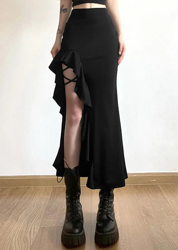 Style Black Ruffled Side Open Patchwork High Waist Skirts Summer