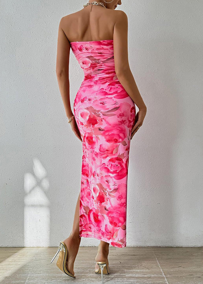 Slim Fit Pink Print Side Open Cotton Strapless Dresses Summer