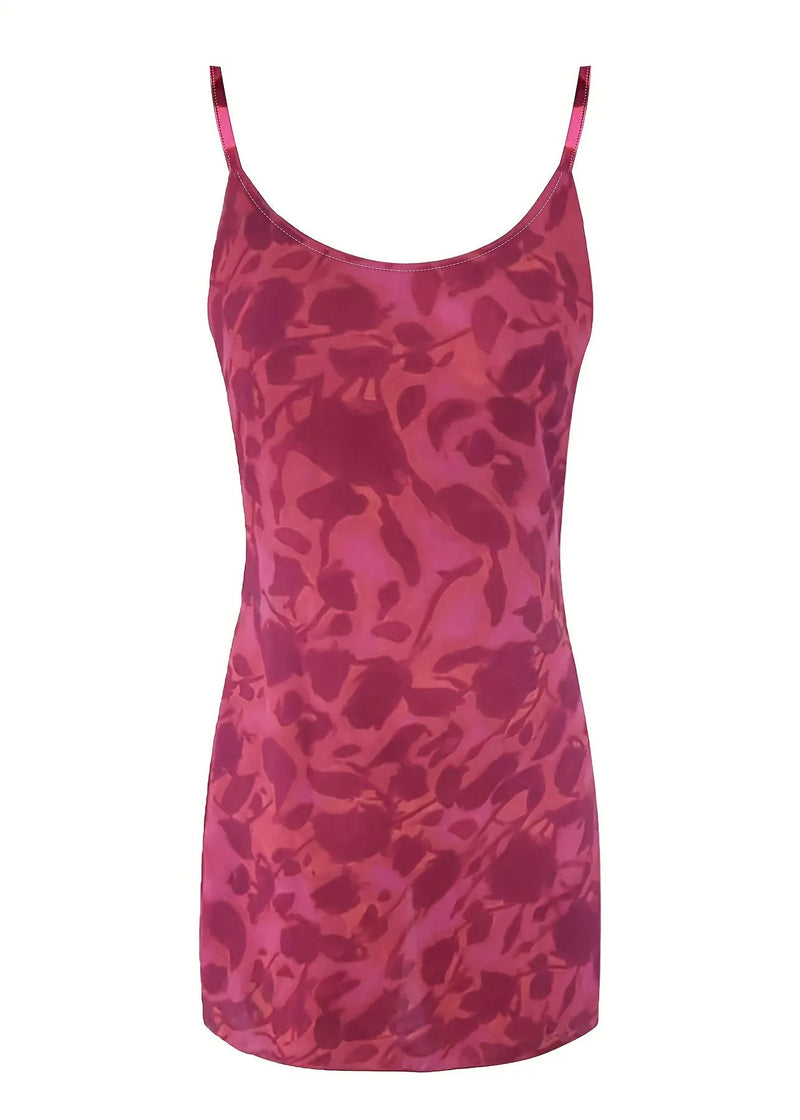 French Rose Print Mini Spaghetti Strap Dress Summer